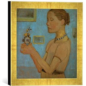 Ingelijste foto van Paula Modersohn-Becker ""Jong meisje met gele bloemen in het glas"", kunstdruk in hoogwaardige handgemaakte fotolijst, 30x30 cm, Gold Raya