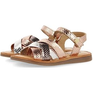 Driekleurige sandalen van metallic leer in roségoud en dierenprint voor meisjes, roségoud, 31 EU