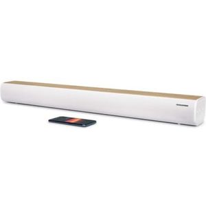 Thomson SB401BT Soundbar – 200W Totaal Muziekvermogen – Bluetooth 5.0 – Optische, USB & AUX-Ingang – EQ-Voorkeuzes – Afstandsbediening – LED Bronindicator – Muurbevestigbaar – Wit & Hout Design