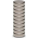 MAUL Neodymium schijfmagneet, platte magneet met hoge hechtkracht voor veelzijdig gebruik, ronde magneet met elegant en modern design, Ø 10 x 3 mm, verpakking van 10 stuks, lichtzilver