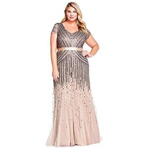Adrianna Papell Dames Plus Size Floor Lengte Kralen Cap Mouw V-hals Jurk, Naakt, 48