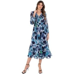 Lovedrobe Midaxi-jurk voor dames, lange ballonmouwen, V-hals, gelaagde ruches, abstracte bloemenprint, A-lijn, elastische taille, Blauw, 42