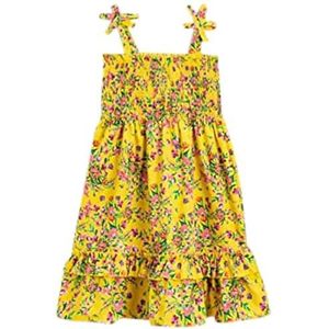 Koton Meisjesjurk met bloemen, midi-bandjes, gefrilde katoenen jurk, Geel design (1d5), 3-4 Jaren