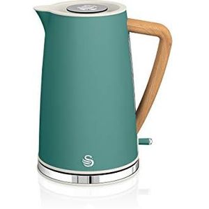 Swan Nordic Ultra Elektrische waterkoker, draadloos, modern design, 1,7 l, 2200 W, handvat in houtlook, automatische uitschakeling, groen