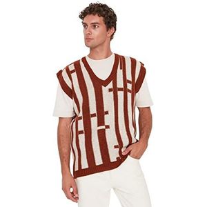 Trendyol Heren V-hals gestreepte oversized trui vest, tegel rood, L, Tegel Rood, L