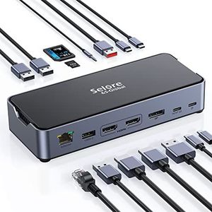 USB C Docking Station 3 monitoren, 15-in-1 laptop dockingstation met 8K @30Hz DP & Dual HDMI, 4K @30Hz Triple Display voor DP1.4, 10Gbps USB 3.1&2 USB C, 2 USB3.0, USB2.0, 100W PD, RJ45, SD/TF, Audio