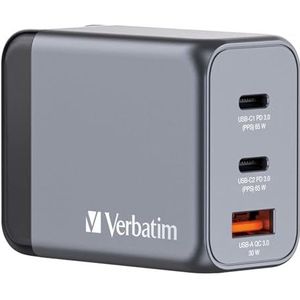 Verbatim GaN Charger 65 W, 3 poorten USB-C oplader, power adapter met 2 x USB-C en 1 x USB-A, snellader als meervoudige stekker, voor Apple MacBook, notebook, iPad, iPhone, Samsung en Co
