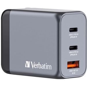 Verbatim GaN Charger 65 W, 3 poorten USB-C oplader, power adapter met 2 x USB-C en 1 x USB-A, snellader als meervoudige stekker, voor Apple MacBook, notebook, iPad, iPhone, Samsung en Co