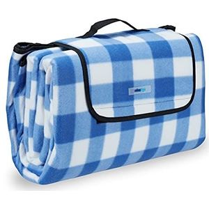 Relaxdays Picknickdeken XXL, 200 x 200 cm, fleece stranddeken, warmte-isolerend, waterdicht, met draaggreep, blauw-wit