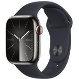 Apple Watch Series 9 (GPS + Cellular 41 mm) Smartwatch - Kast van grafietkleurig roestvrij staal - Middernacht sportbandje S/M. Conditie bijhouden, Saturatie-app en Ecg-app, Always-on Retina-display