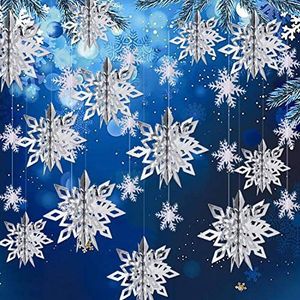 OuMuaMua Winter Kerst Opknoping Sneeuwvlok Decoraties, 12 STKS 3D Grote Zilveren Sneeuwvlokken & 12 STKS Wit Papier Sneeuwvlokken Opknoping Slinger voor Kerstmis Winter Wonderland Vakantie Nieuwjaar