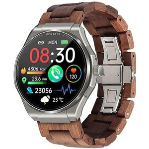 Knauermann PRO 3 (2024) zilver - gezondheidshorloge smartwatch met telefoonfunctie - ECG + HRV en SOS-functie - AMOLED-display, BT Bluetooth - slaapapneu - echt houten band donkerbruin, 14-24, rond,