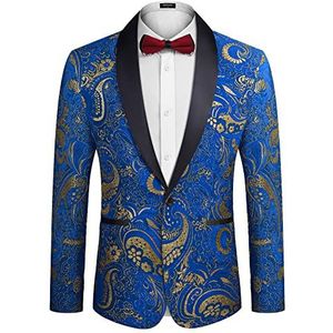 COOFANDY Herenblazer met bloemenpatroon, luxueus, geborduurd, voor bruiloft, smokingjack voor feestjes, koningsblauw, XL