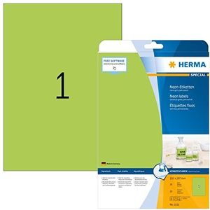 HERMA 5151 neonetiketten A4 (210 x 297 mm, 20 velles, papier, mat) zelfklevend, bedrukbaar, permanente klevende gekleurde etiketten, 20 etiketten voor printer, neon groen
