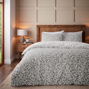 Catherine Lansfield Brushed Grace Floral Leaf Katoen Omkeerbare Dubbele Dekbedovertrek Set met Kussenslopen Grijs