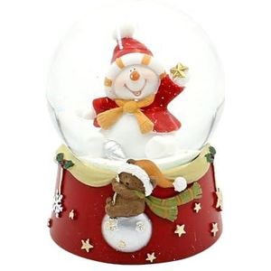 Sneeuwbol - Vrolijke sneeuwpop - op rode basis met teddyberen, L/B/H/Ø bal 6,5 x 7 x 9 cm Ø 6,5 cm