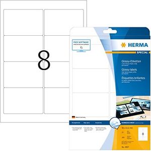 HERMA 4907 hoogglans etiketten A4 (96 x 63,5 mm, 25 velles, papier, glanzend) zelfklevend, bedrukbaar, permanente klevende stickers, 200 etiketten voor printer, wit
