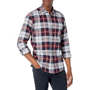 Amazon Essentials Men's Flanellen overhemd met lange mouwen (verkrijgbaar in grote en lange maten), Bordeauxrood Grijs Plaid, XS