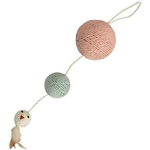 Bobby Plume Krabpaal kattenspeelgoed van gerecycled touw, met ballen en veren, om op te hangen, roze, 55 x 12 cm