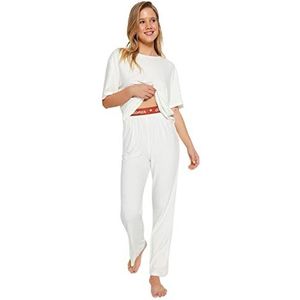 Trendyol Dames effen middelste gebreide T-shirt-broek pyjama set, ecru, XL, Ecru, XL