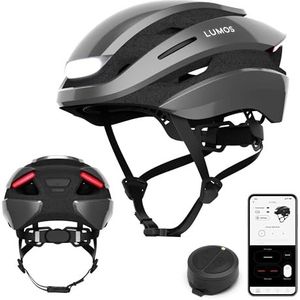Lumos Ultra Smart-helm, fietshelm, voor- en achterlicht (LED), knipperlicht, remlichten, Bluetooth-verbinding, volwassenen: heren, dames (Ash Grey, maat: M-L)