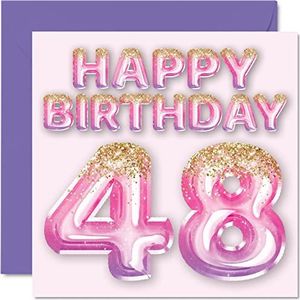 48e verjaardagskaart voor vrouwen - roze & paarse glitterballonnen - gelukkige verjaardagskaarten voor 48 jaar oude vrouw moeder neef vriend zus tante, 145mm x 145mm achtenveertig wenskaarten cadeau