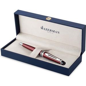 Waterman Expert Balpen, donkerrood met chromen versiering, middelste punt, blauwe inkt, geschenkdoos