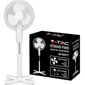 V-TAC Staande ventilator, 40 W, met kruisvoet, diameter 60 cm, in hoogte verstelbaar (max. 120 cm), 3 vleugels met 3 snelheden draaibaar, oscillatie en helling verstelbaar, kleur wit