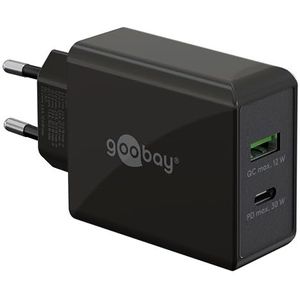 goobay 61673 Dual USB C PD (Power Delivery) snellader (30 W) / Quick Charge voeding voor iPhone, Samsung, Huawai/mobiele telefoon oplader/oplaadadapter voor het stopcontact, zwart
