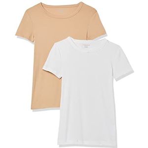 Amazon Essentials Women's T-shirt met korte mouwen en ronde hals in slanke pasvorm, Pack of 2, Licht camel/Wit, S