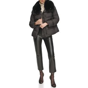 DKNY Dames Button Down Coat met faux fur kraag buffer, zwart, M