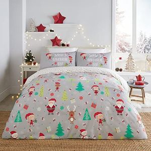 Fusion Kerst - Elf & Santa - Omkeerbare Dekbedovertrek Set - Tweepersoonsbed Maat in Grijs