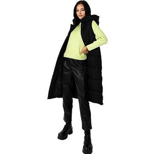 Damesvest met capuchon, bodywarmer, mouwloos, gewatteerde winterjas, gewatteerde, lange zijzakken, bovenkleding, Zwart, 54