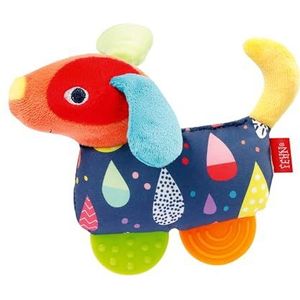 Fehn 055283 Greifling Hund mit Beißer COLOR Friends – Babyspielzeug mit Rassel, Quietsche und Soft-Beißer für Babys und Kleinkinder ab 0+ Monaten – Größe: 16 cm