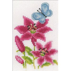 Vervaco PN-0157101 bloemen & vlinders 3-delige set miniaturen borduurpakket tellpatroon, katoen, meerkleurig, ca. 8 x 12 cm.