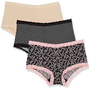Maidenform Women's Underwear, Microfiber with Lace Boyshort Panties, One Fab Fit, 3-Pack, Geo Snow/Cherry Blossom/Latte Lift