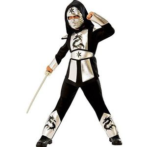 Rubies, 641142-L, kinderkostuum, Ninja-bekleding met versieringen in zilver en met drakenmotieven, maat: L (8-10 jaar)
