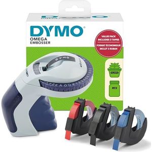 DYMO labelmaker voor reliëfdruk met 3 labeltapes | Startpakket Omega Lettertang | Klein, ergonomisch ontwerp met draaiklikwiel | Voor thuis, doe-het-zelven en knutselen (£/€, Ä, Ö & Ü)