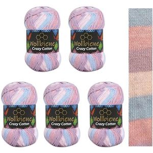 Wollbiene Crazy Cotton Batik, 5 x 100 g, 500 gram met kleurverloop, 55% katoen, meerkleurig, meerkleurig, breiwol, wol voor het hele jaar (7000 lichtblauw, roze lila)