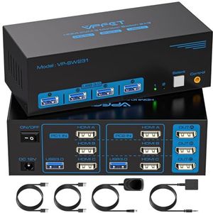 CMSTEDCD 8K60Hz HDMI KVM Switch 2 PC 3 Monitor USB3.0 KVM-Switch met 4 USB-Poorten Voor 2 Computers die 3 Monitoren en 4 USB-Poort Delen Ondersteuning Voor Uitgebreide en Kopieermodus met 2 USB-Kabels