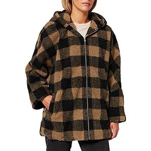 Urban Classics Dames winterjas dames oversized check sherpa jas met capuchon, houthakker ruitpatroon, maat XS tot 5XL, softtaupe/zwart, M