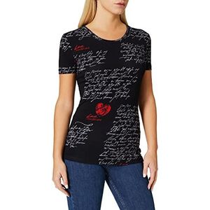 Love Moschino Dames Fitted Short Sleeves, in Soft Stretch Viscose Jersey, met All-Over Calligrafie Print T-Shirt