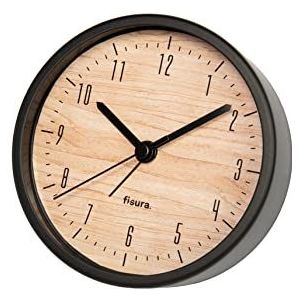 Fisura - Analoge wekker - wekker zonder Tic-TAC - wekker op batterijen - metalen wekker Ø 11 cm en breedte 3,8 cm (hout, zwart)