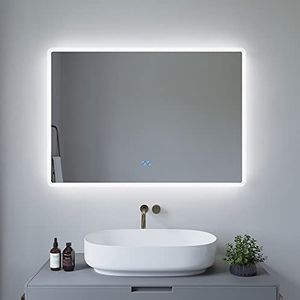 AQUABATOS 100 x 70 cm badkamerspiegel met verlichting, badkamerspiegel, LED-lichtspiegel, wandspiegel, touch-schakelaar, dimbaar, koudwit, 6400 K, spiegelverwarming, anti-condens, IP44, CE