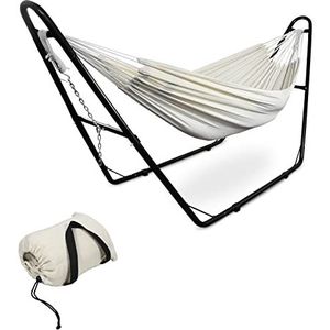 Todeco Hangmat op voet, hangmat met metalen standaard, draagtas, in hoogte verstelbaar, hangmathouder voor binnen en buiten, tuin, terras, camping, strand, maximale belasting 200 kg, beige