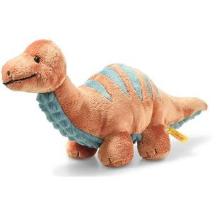 Steiff 087837 Original pluche dier Brontosaurus, Soft Cuddly Friends knuffeldier ca. 28 cm, merkpluche met knoop in het oor, knuffelvriendelijk voor baby's vanaf de geboorte, donkeroranje en petrol
