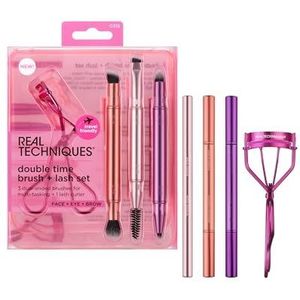 Real Techniques Double Time Brush + Lash 4 Piece Set, Dual-Ended Eye Makeup Brushes For Eyeshadow & Brows, Travel-Friendly Brush Caps For Storage, Eyelash Curler Included, Cruelty-Free