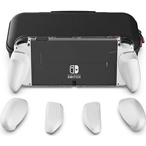 Skull & Co. GripCase OLED Bundle for Nintendo Switch OLED Model: A Dockable Transparent Protective Case with Interchangeable Grips [to fit All Hands Sizes] [with Carrying Case] - OLED White