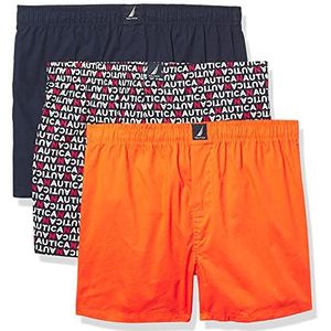 Nautica Men's Cotton Woven 3 Pack Boxer, Peacoat/Tropic Orange Logo Print, Medium