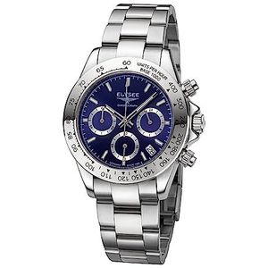 Elysee Sport Chrono 40 mm zilver roestvrij staal saffierglas 10 ATM horloge, blauw, Modern